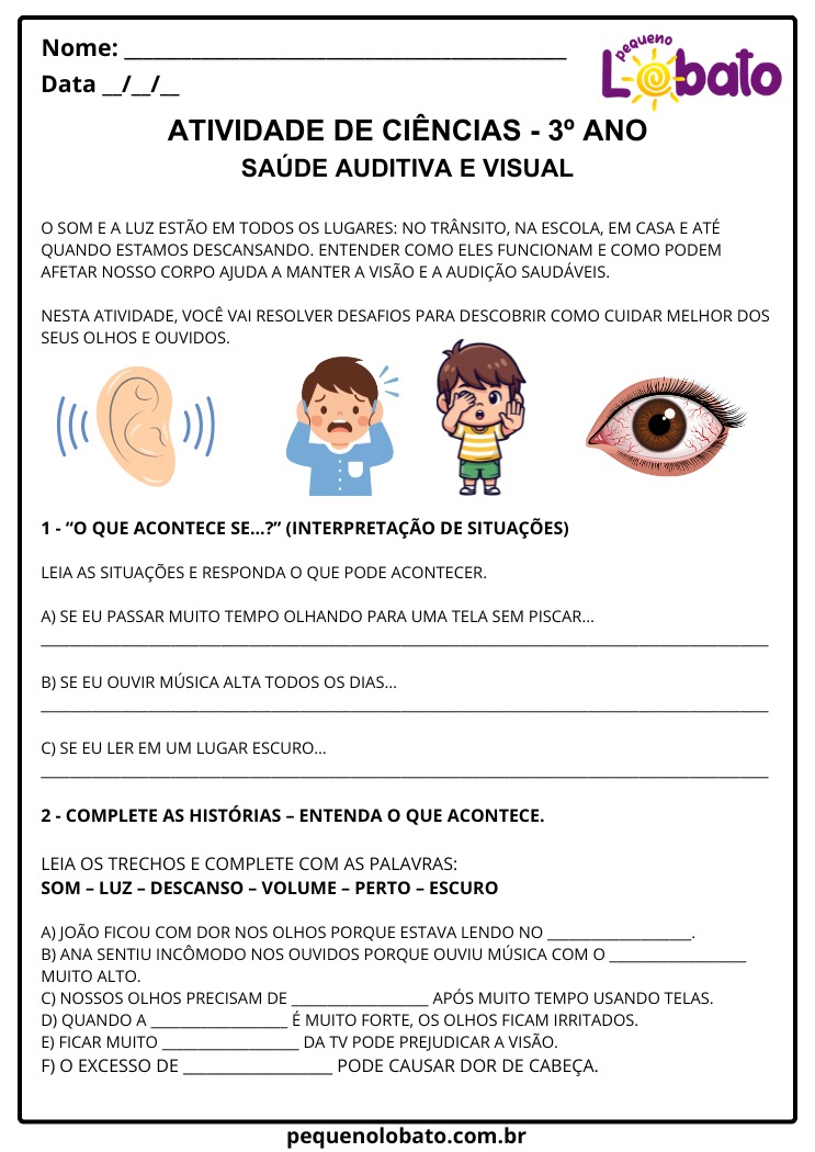Atividade de Ciências 3º Ano Fundamental sobre Saúde Auditiva e Visual para Imprimir
