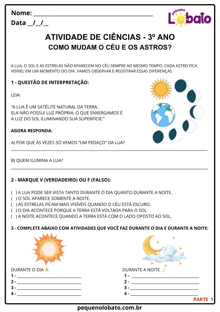 Atividade de Ciências 3º Ano Observação do Céu Lua, Sol, Estrelas Visíveis no Céu 1