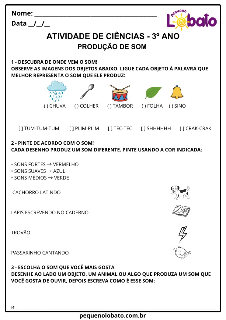 Atividade de Ciências 3º Ano Produção de Som para Imprimir