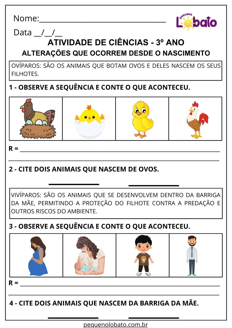 Atividade de Ciências 3º Ano sobre Alterações que Ocorrem Desde o Nascimento em Animais Ovíparos e Vivíparos