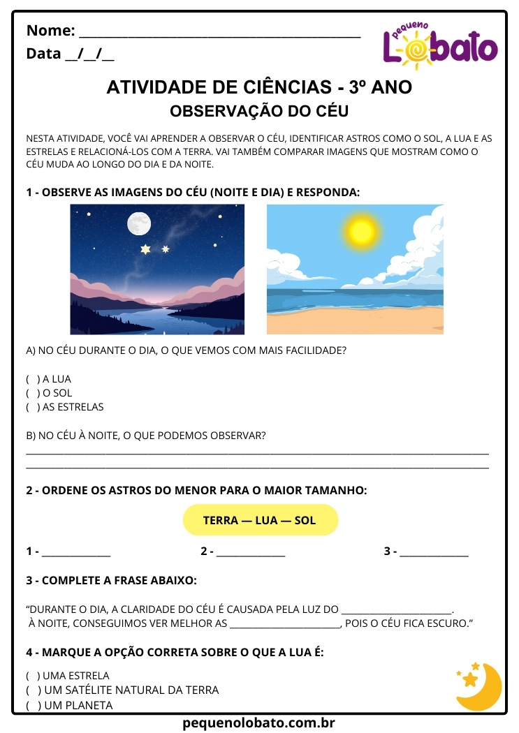 Atividade de Ciências 3º Ano sobre Observação do Céu para Imprimir