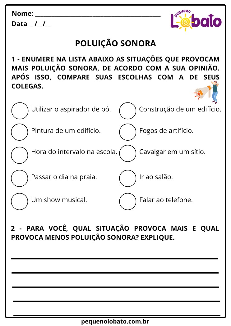 Atividade de Ciências 3º Ano sobre Poluição Sonora para Imprimir