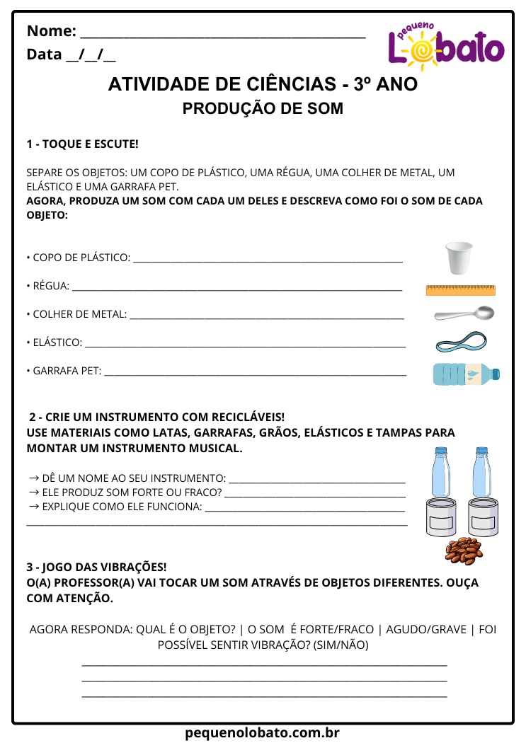 Atividade de Ciências 3º Ano sobre Produção de Som para Imprimir