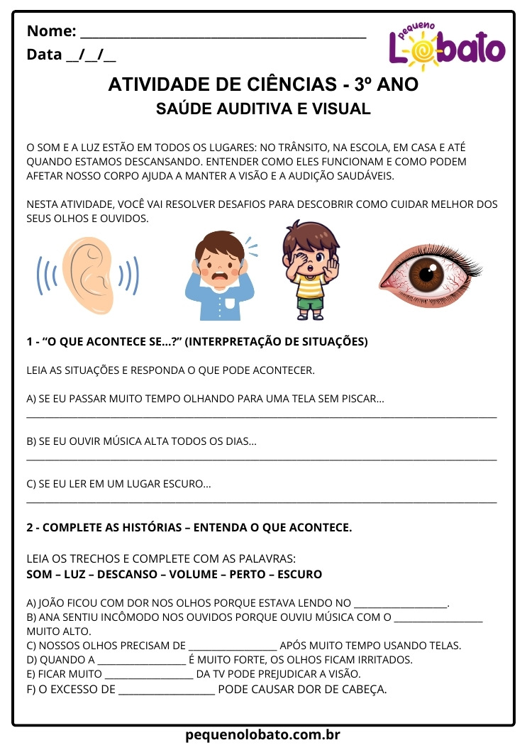 Atividade de Ciências 3º Ano sobre Saúde Auditiva e Visual para Imprimir