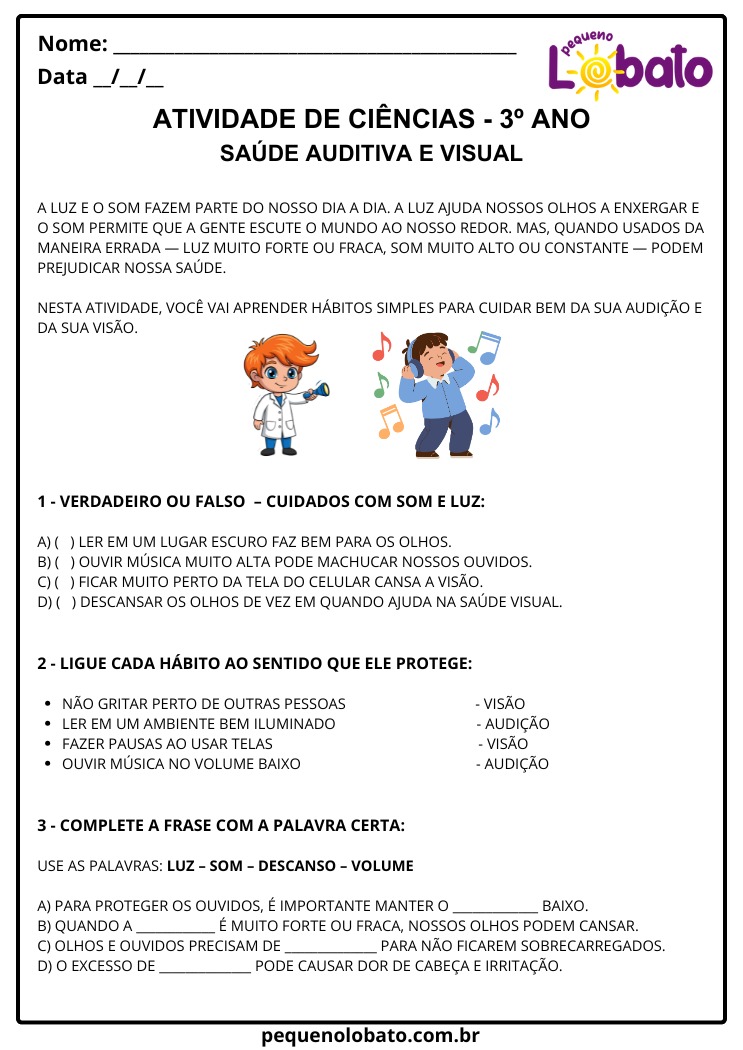 Atividade de Ciências 3º Ano sobre Saúde Auditiva e Visual para Imprimir