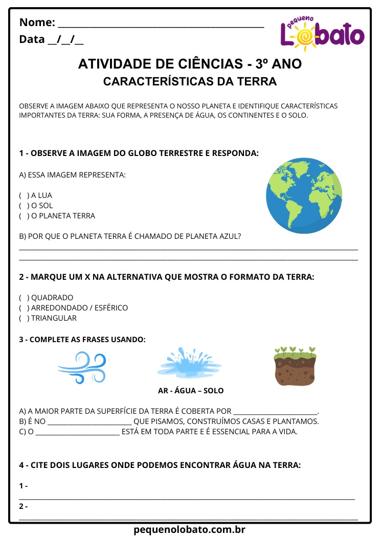 Atividade de Ciências 3º Ano sobre as Características da Terra