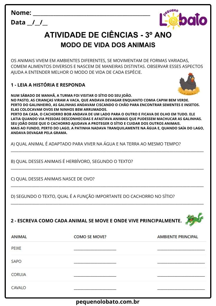 Atividade de Ciências 3º Ano sobre o Modo de Vida dos Animais para Imprimir
