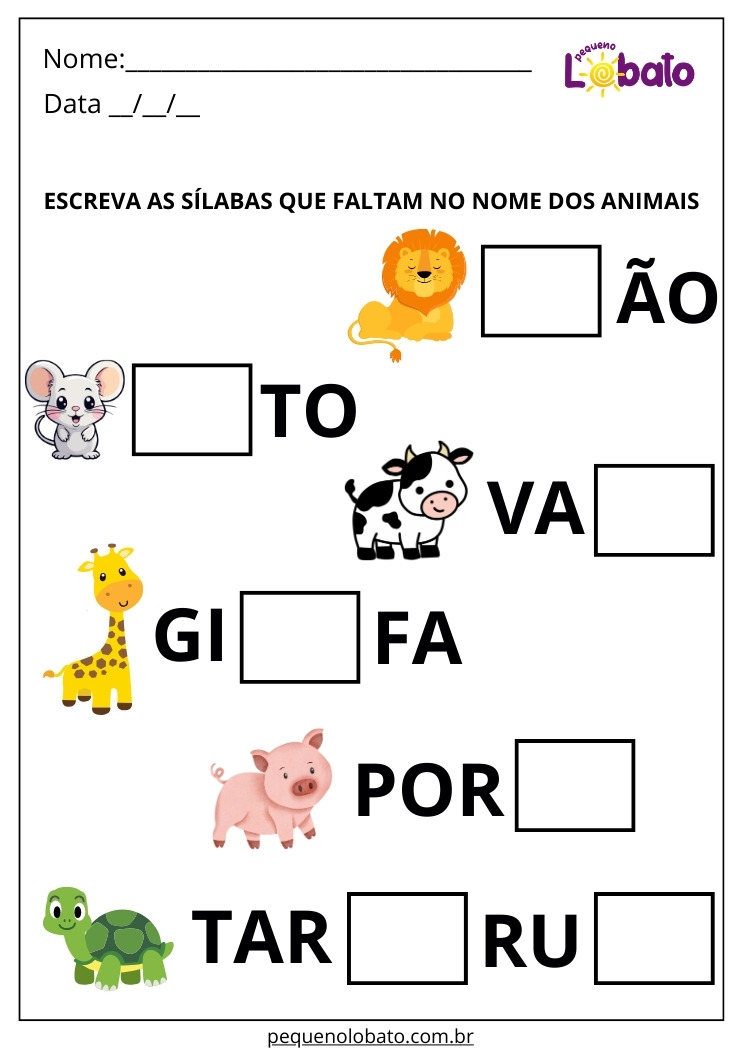 Atividade de Português Adaptada para Alunos com Autismo para Imprimir Escreva as Sílabas que Faltam no Nome dos Animais