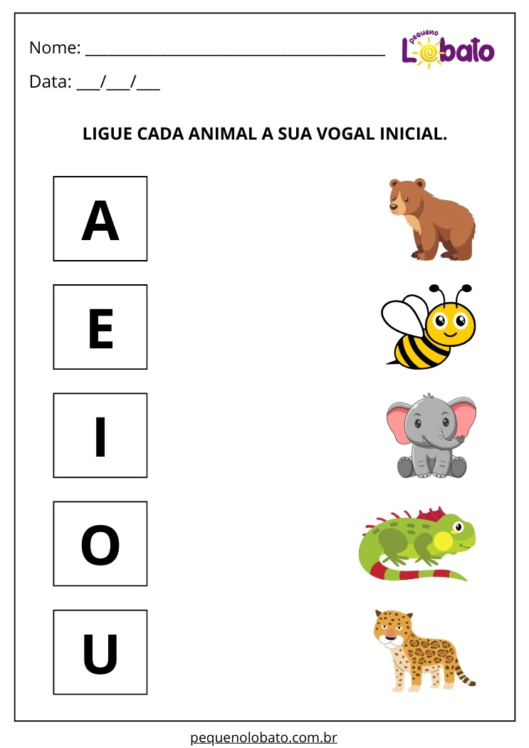 Atividade para Alunos com Autismo para Imprimir Ligue Cada Animal a sua Vogal Inicial