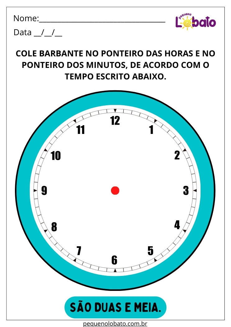 Atividade para Alunos com Autismo para Imprimir com Colagem de Barbante no Relógio Conforme as Horas Indicadas