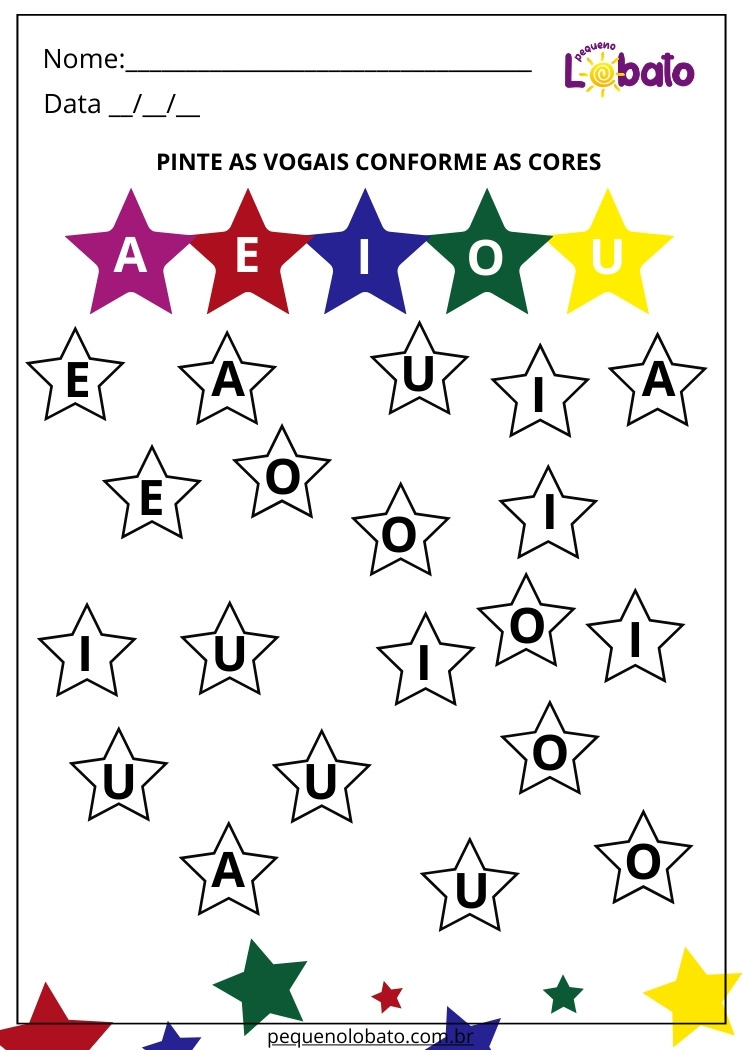 Atividade para Alunos com Autismo para Imprimir com Pintura das Vogais nas Estrelinhas