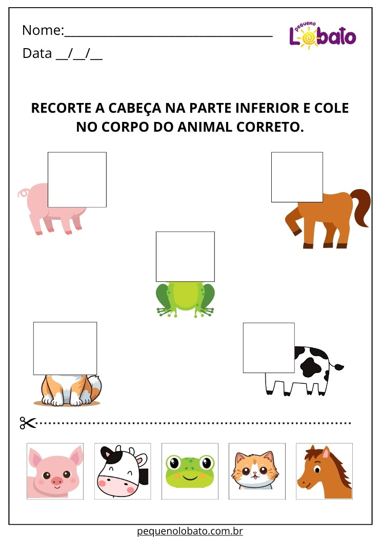 Atividade para Alunos com Autismo para Imprimir com Recorte e Colagem da Cabeça no Corpo dos Animais
