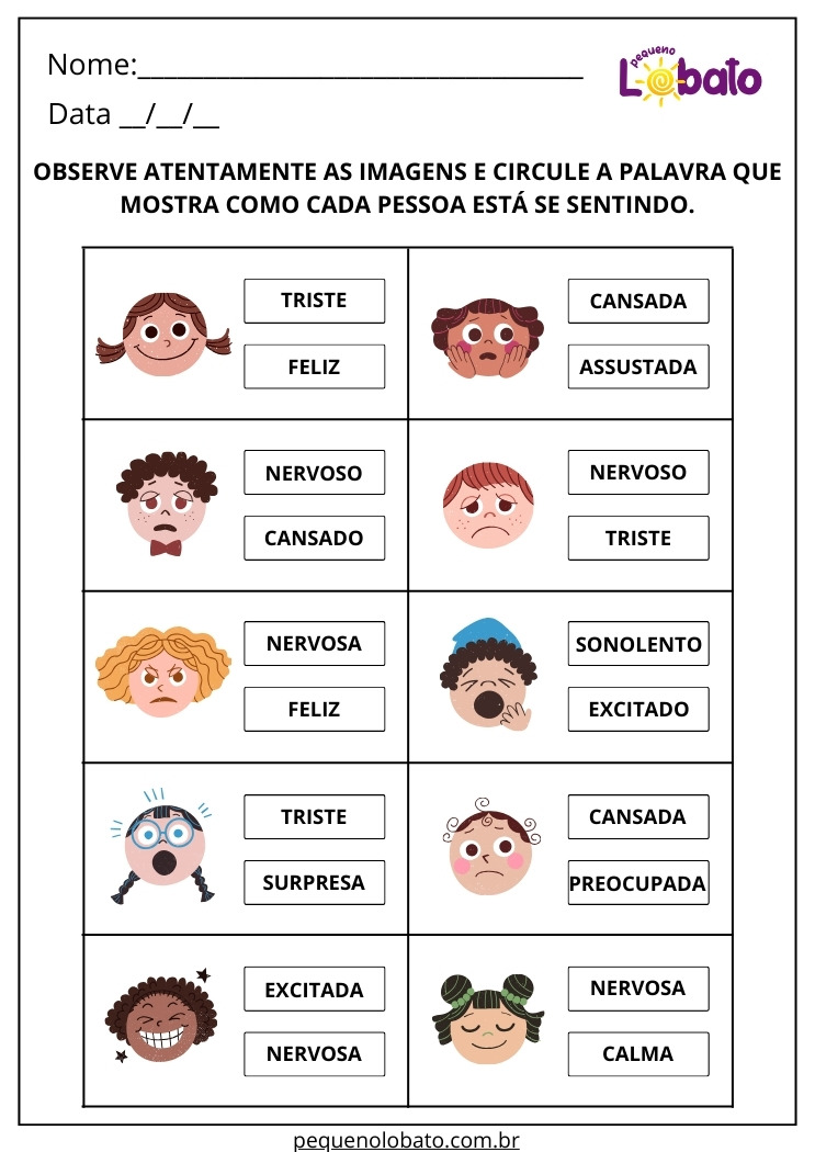Atividade para Alunos com Autismo para Imprimir sobre Emoções e Sentimentos