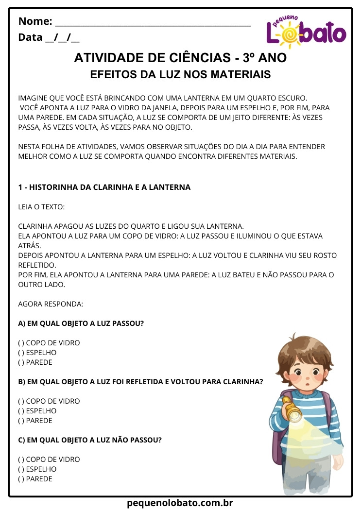 Atividades de Ciências 3º Ano Efeitos da luz nos materiais para imprimir