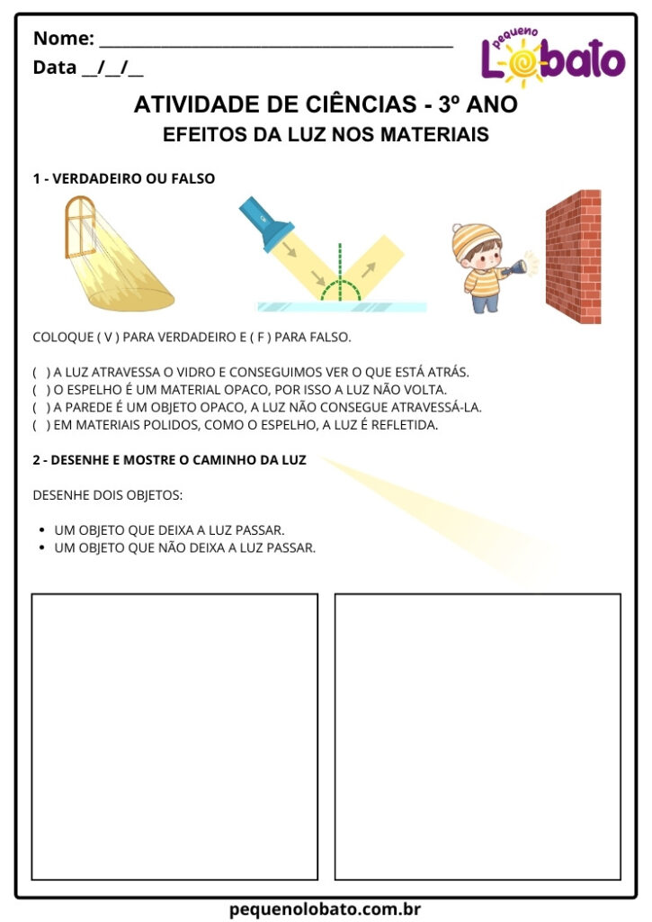 Atividades de Ciências 3º Ano – Efeitos da Luz nos Materiais