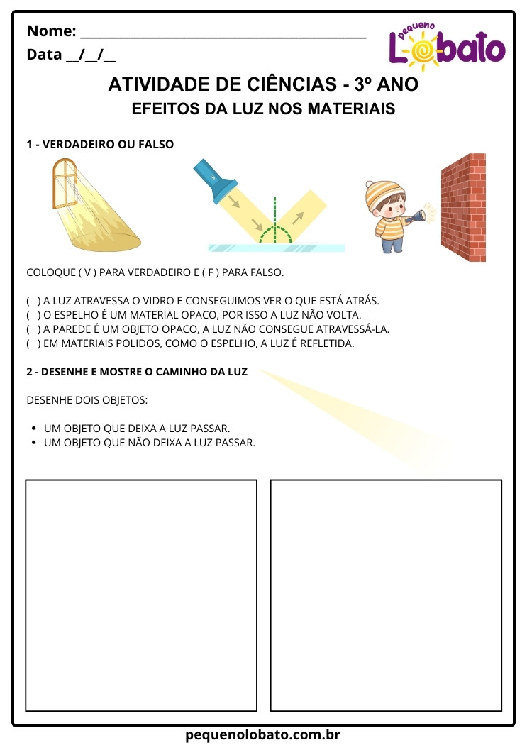 Atividades de Ciências 3º Ano Fundamental sobre Efeitos da luz nos materiais para imprimir