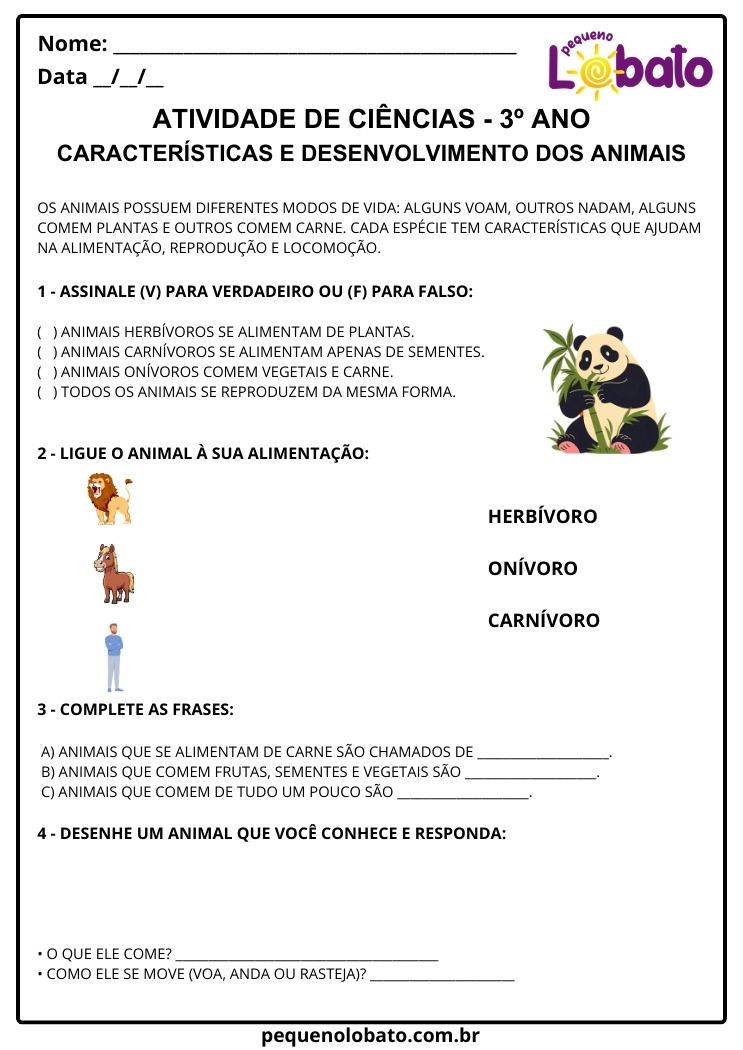 Atividades de Ciências 3º Ano sobre Características dos Animais o que Comem Herbívoro, Onívoro e Carnívoro EF03CI04