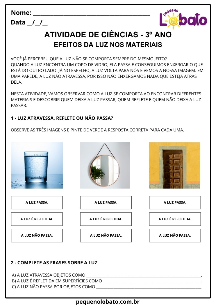 Atividades de Ciências 3º Ano sobre Efeitos da luz nos materiais para imprimir