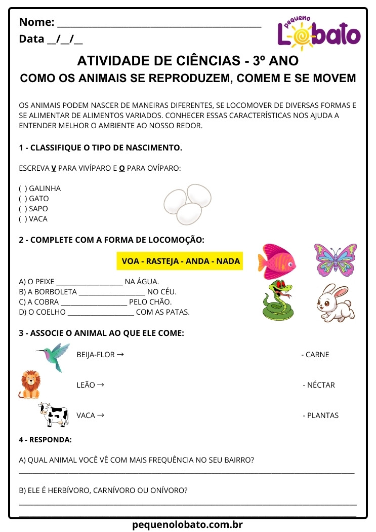 Atividades de Ciências 3º Ano sobre o Modo de Vida dos Animais, Como os Animais se Reproduzem, Comem e se Movem EF03CI04