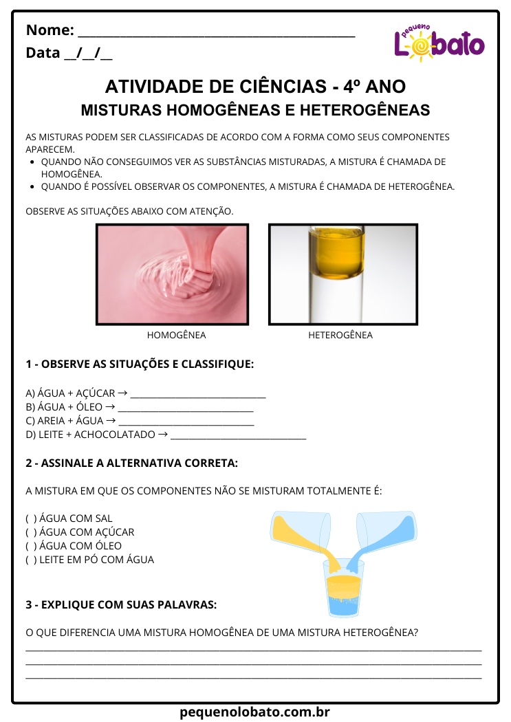 Atividades de Ciências 4º Ano Misturas Homogêneas e Heterogêneas