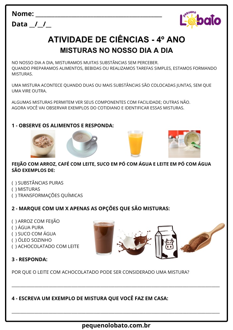 Atividades de Ciências 4º Ano Misturas no Cotidiano EF04CI01