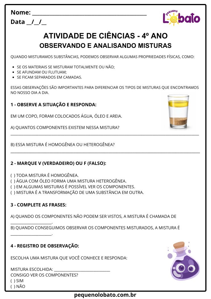 Atividades de Ciências 4º Ano Misturas no Cotidiano e suas Propriedades Físicas