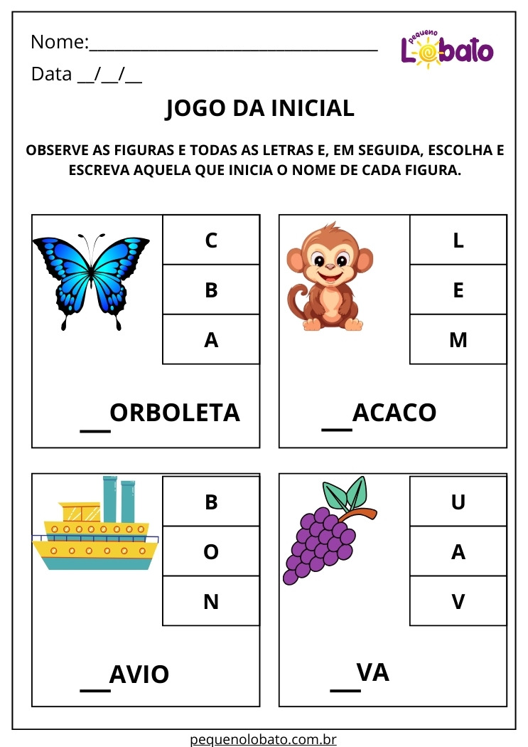 Folha de Atividade com Exercícios sobre a Letra Inicial das Figuras para Alunos com Autismo para Imprimir