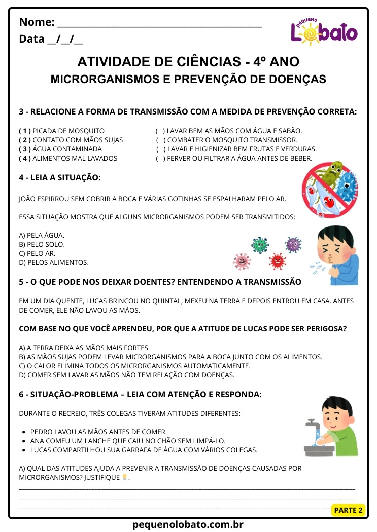 Atividade de Ciências 4º Ano sobre Microrganismos, Prevenção de Doenças e Formas de Transmissão