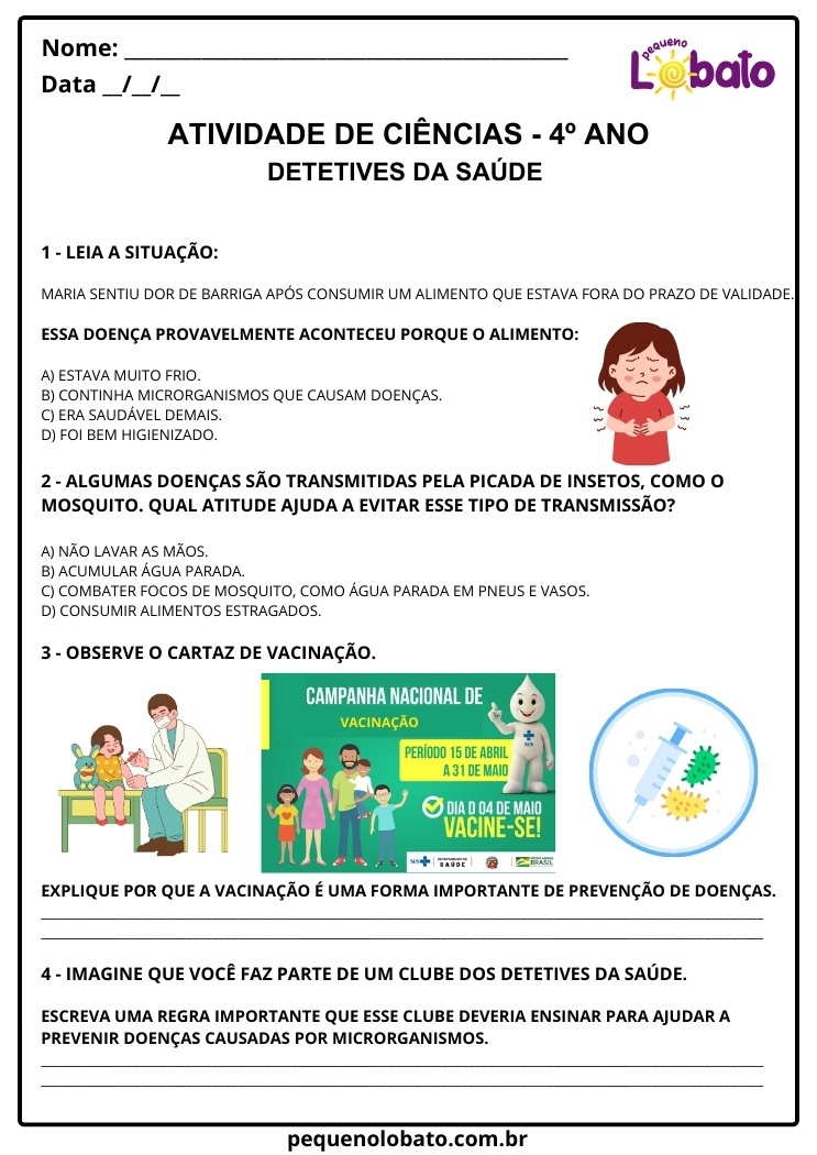 Atividade de Ciências 4º Ano sobre Microrganismos e Prevenção de Doenças com Vacinação