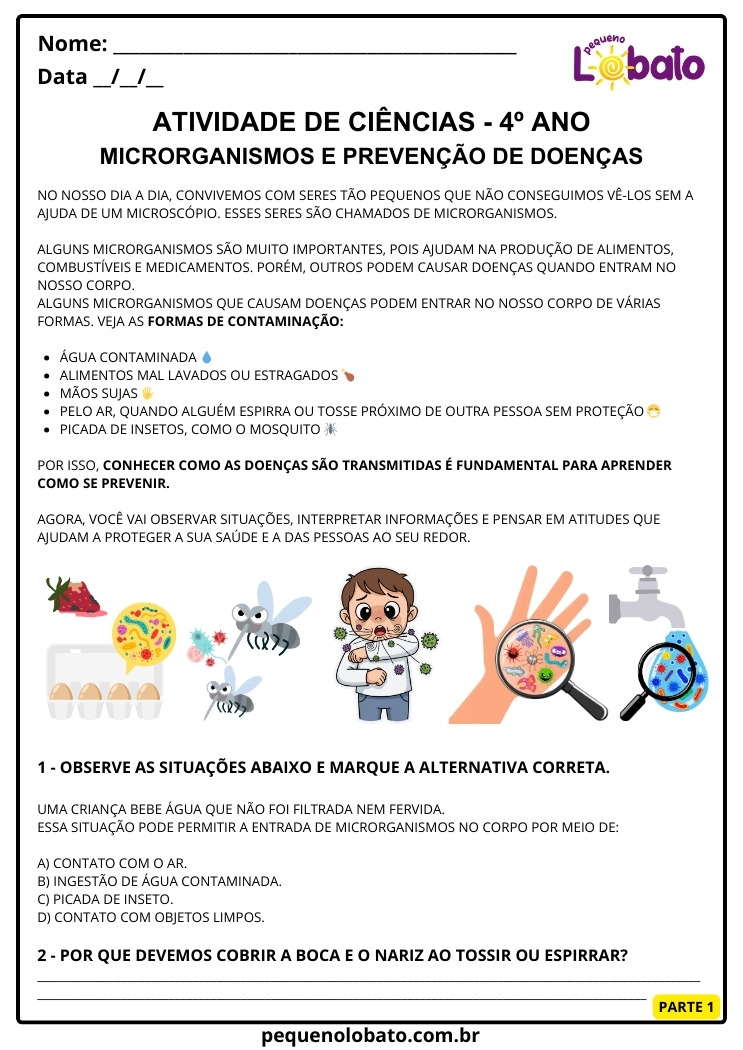 Atividade de Ciências 4º Ano sobre Microrganismos e Prevenção de Doenças