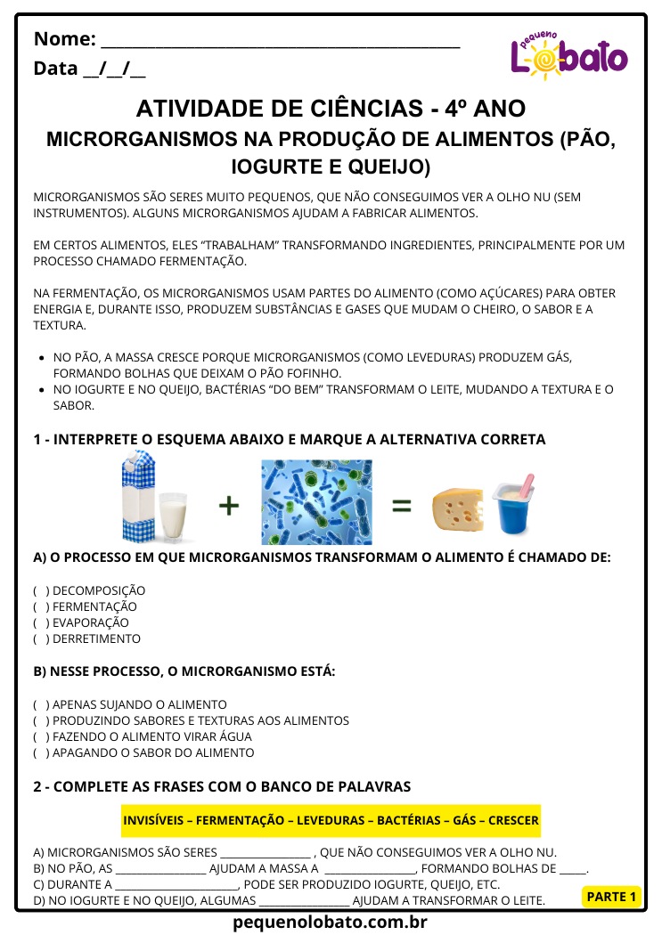 Atividade de Ciências 4º Ano sobre Microrganismos na Produção de Alimentos como Pão, Iogurte e Queijo, Fermentação, Leveduras, Bactéria