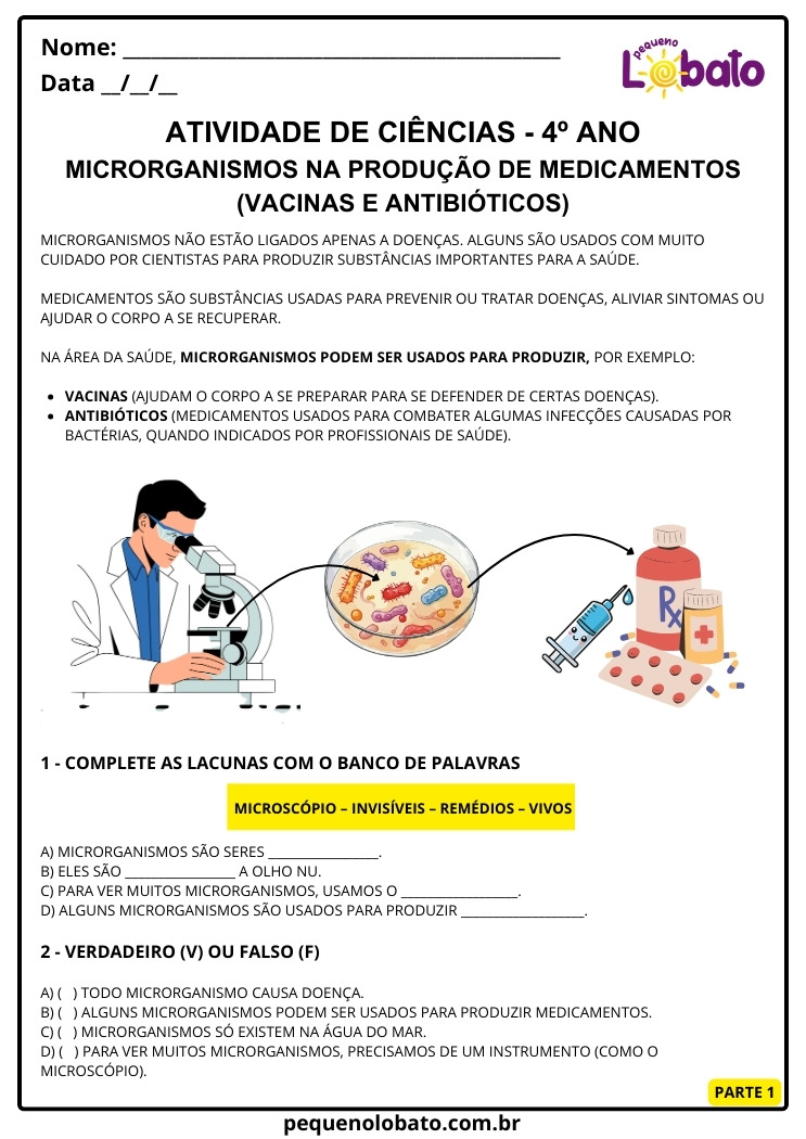 Atividade de Ciências 4º Ano sobre Microrganismos na Produção de Medicamentos