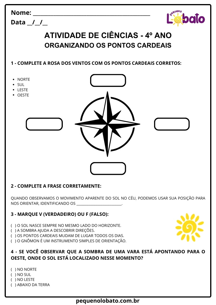 Atividade de Ciências 4º Ano sobre Pontos Cardeais EF04CI09 BNCC