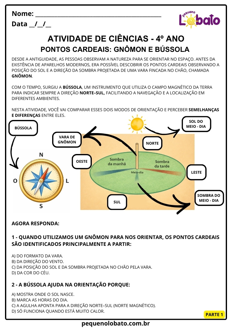 Atividade de Ciências 4º Ano sobre Pontos Cardeais, Gnômon e Bússola 1