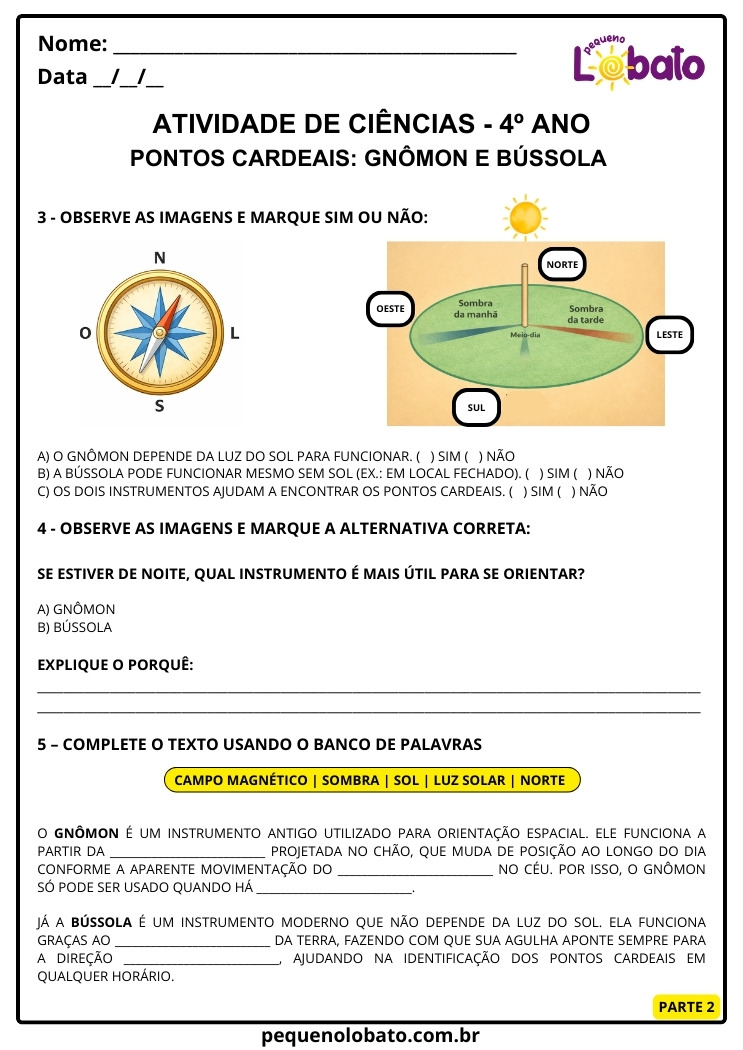 Atividade de Ciências 4º Ano sobre Pontos Cardeais, Gnômon e Bússola