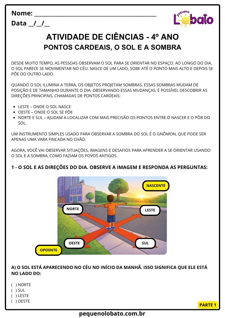 Atividade de Ciências 4º Ano sobre Pontos Cardeais, Sol, Sombra e Gnômon