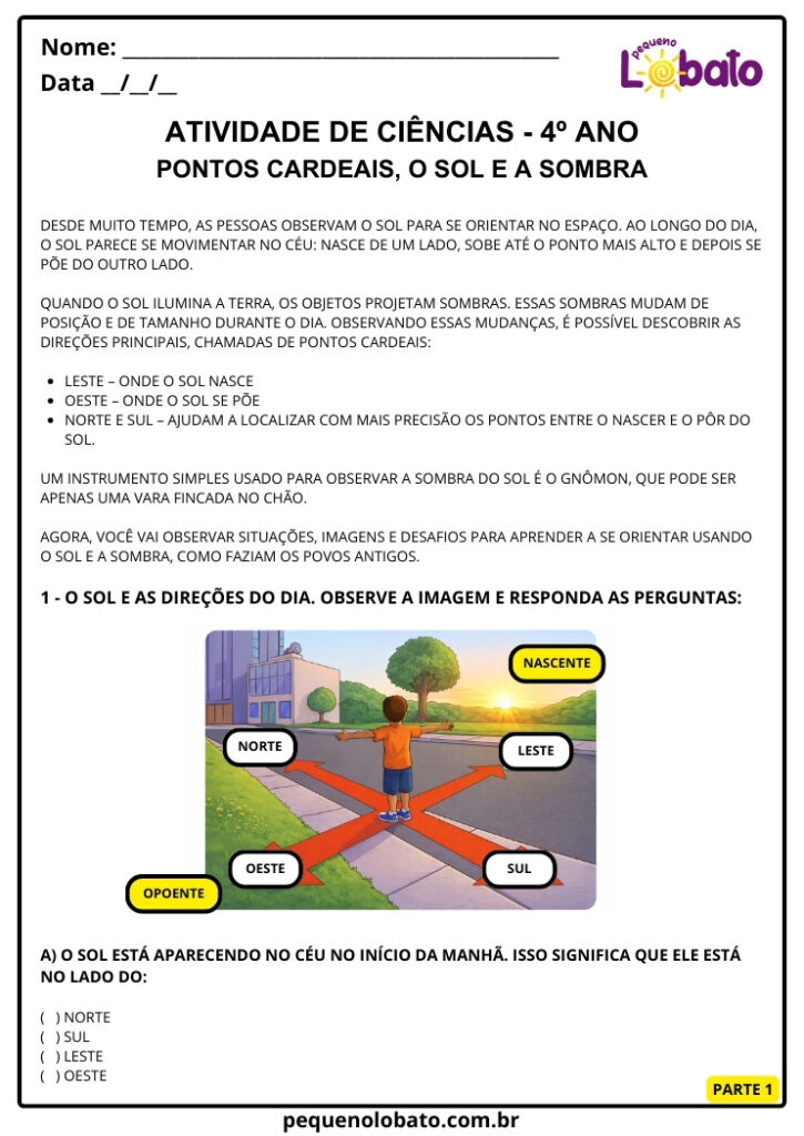 Atividades de Ciências 4º Ano – Pontos Cardeais, Sol, Sombra e Gnômon