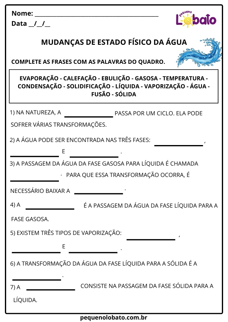 Atividade de Ciências 4º Ano sobre Transformações Reversíveis Mudanças de Estado Físico da Água para Imprimir
