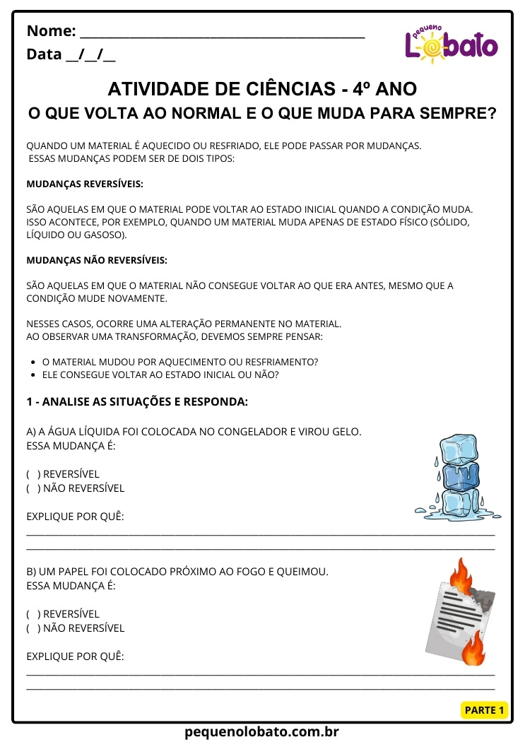 Atividade de Ciências 4º Ano sobre Transformações Reversíveis e Não Reversíveis com Água e Papel Queimado para Imprimir