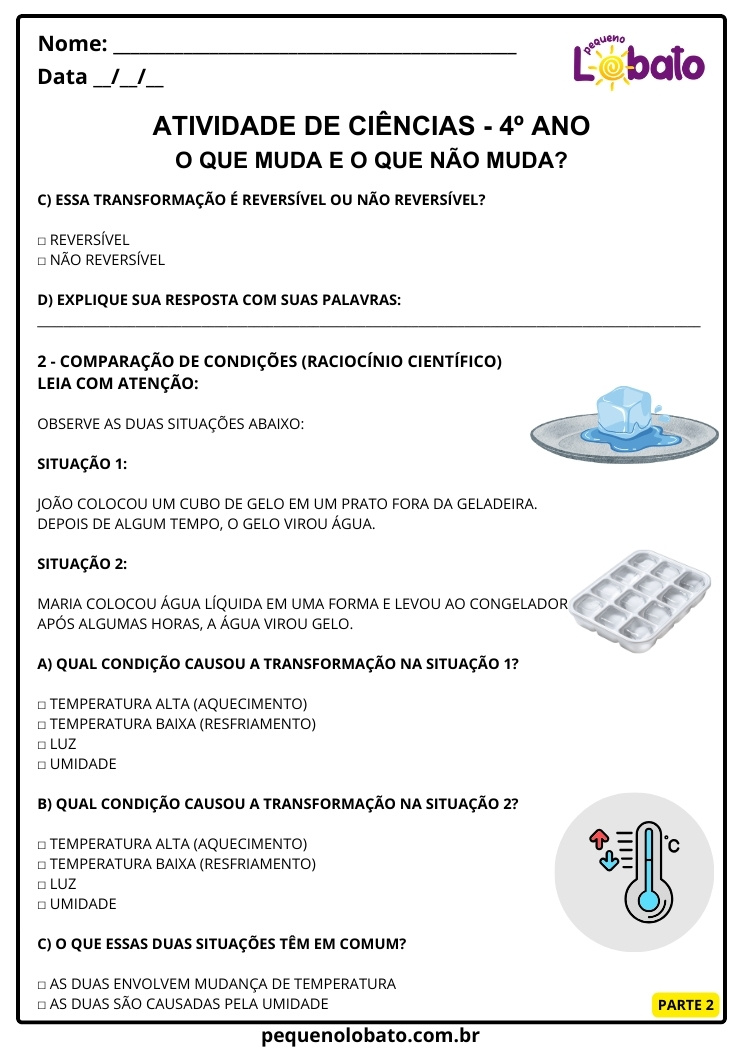 Atividade de Ciências 4º Ano sobre Transformações Reversíveis e Não Reversíveis com Temperatura Alta e Baixa para Imprimir
