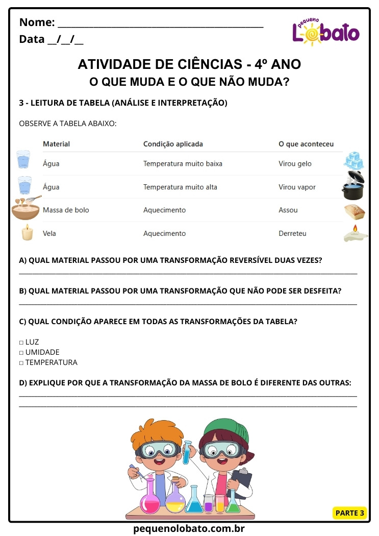 Atividade de Ciências 4º Ano sobre Transformações Reversíveis e Não Reversíveis para Imprimir