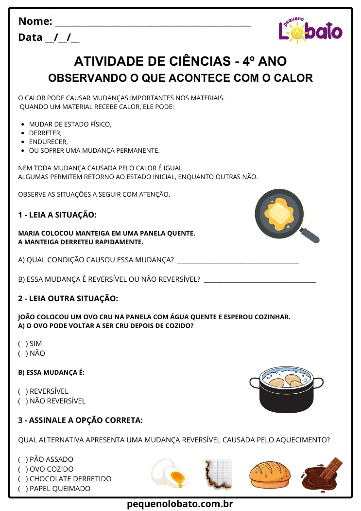 Atividade de Ciências 4º Ano sobre Transformações Reversíveis e Não Reversíveis