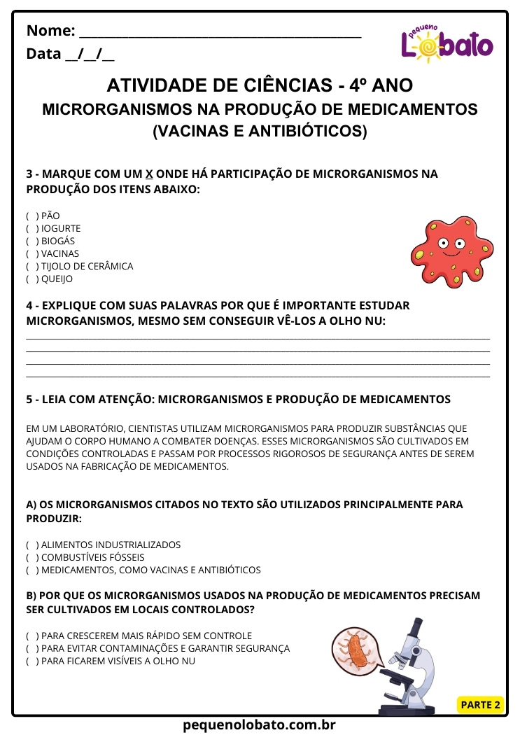 Atividade de Ciências 4º Ano sobre a Participação de Microrganismos na Produção de Medicamentos, Vacinas e Antibióticos parte 2