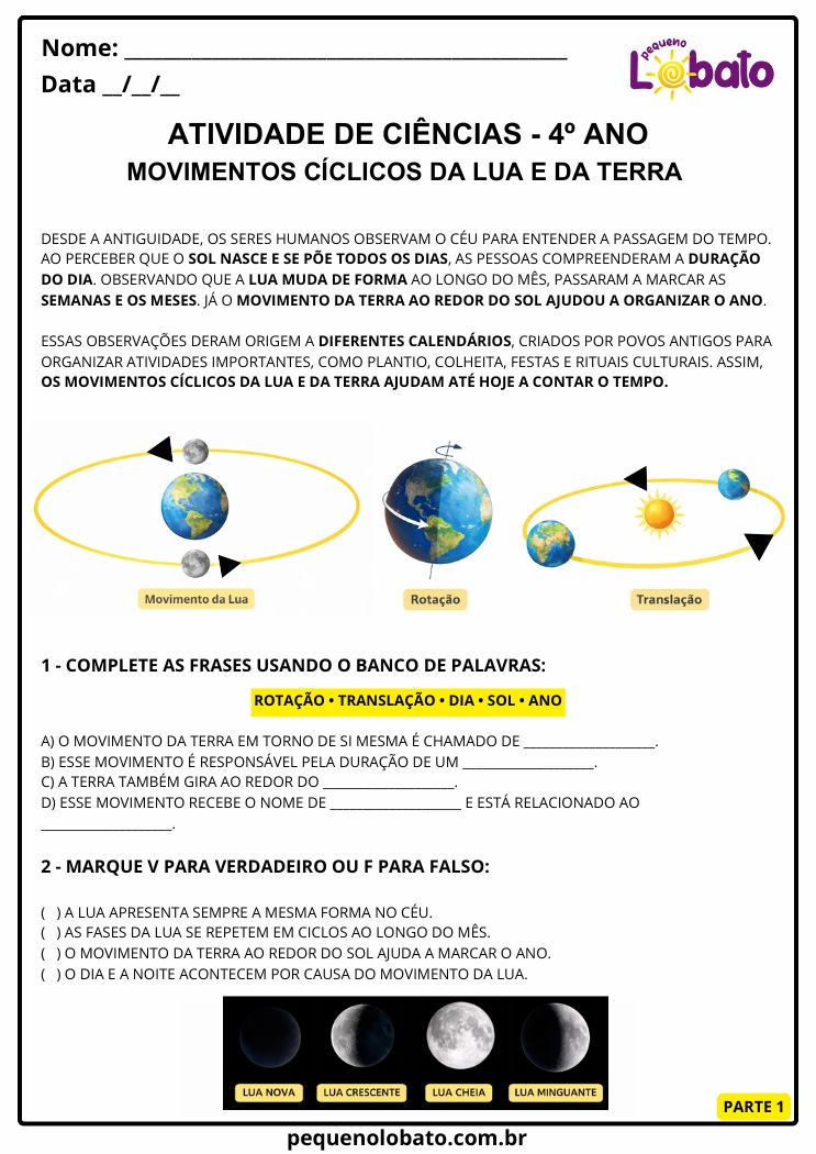 Atividade de Ciências 4º Ano sobre os Movimentos Cíclicos da Lua e da Terra e Contagem de Tempo