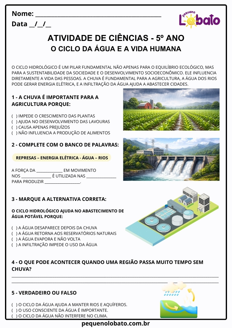 Atividade de Ciências 5º Ano sobre Ciclo da Água e a Vida Humana segundo a BNCC