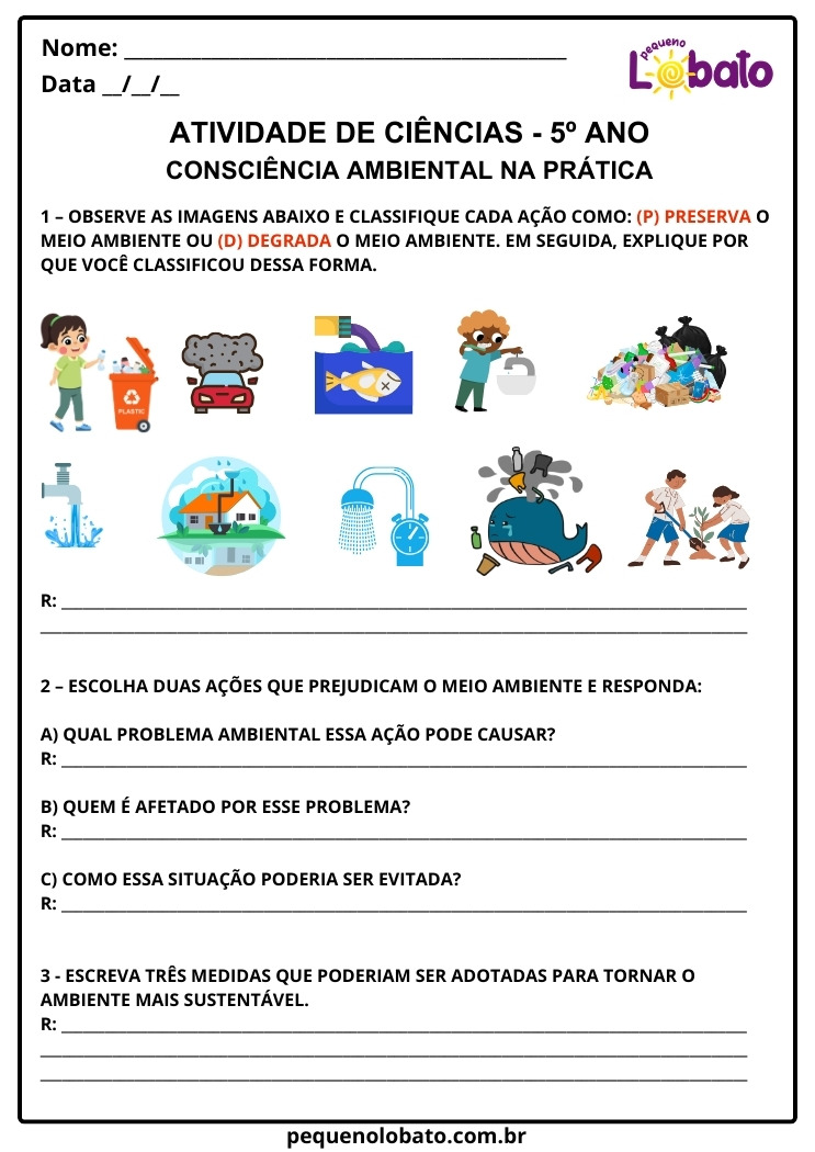 Atividade de Ciências 5º Ano sobre Consciência Ambiental na Prática