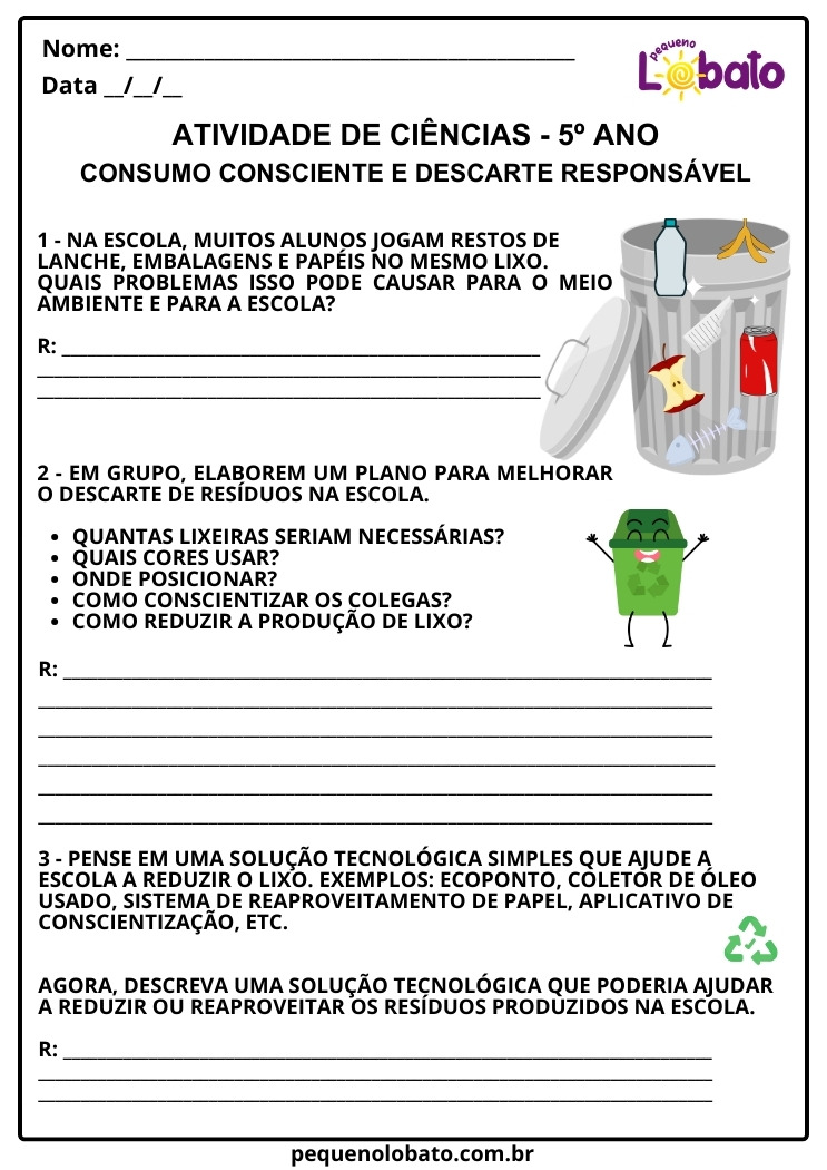Atividade de Ciências 5º Ano sobre Consumo Consciente e Descarte Responsável