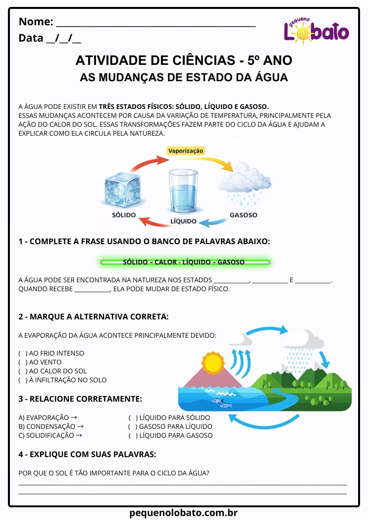 Atividade de Ciências 5º Ano sobre Mudanças de Estado da Água segundo a BNCC