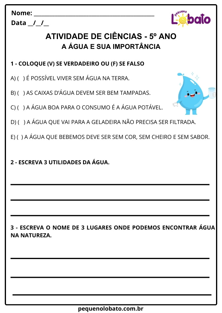 Atividade de Ciências 5º Ano sobre a Água e sua Importância