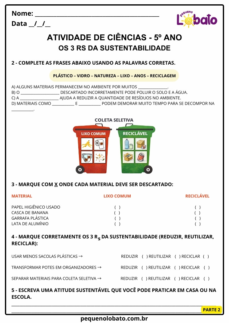 Atividade de Ciências 5º Ano sobre os 3 Rs da Sustentabilidade - Reduzir, Reutilizar e Reciclar